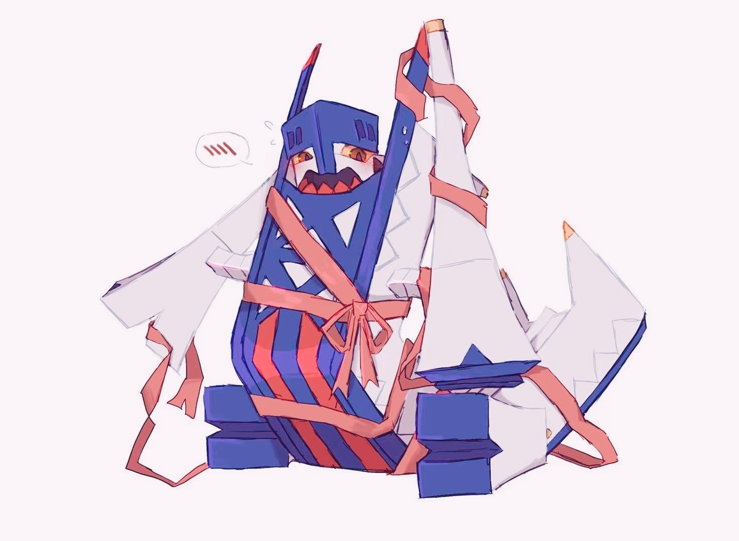 badfish08, archaludon, nintendo, pokemon, commentary request, blush, bound, brown eyes, colored sclera, colored teeth, flying sweatdrops, lower teeth only, no humans, open mouth, pokemon (creature), pokemon focus, red ribbon, red teeth, ribbon, sharp teeth, simple background, solo, teeth, tied up (nonsexual), white background, yellow sclera