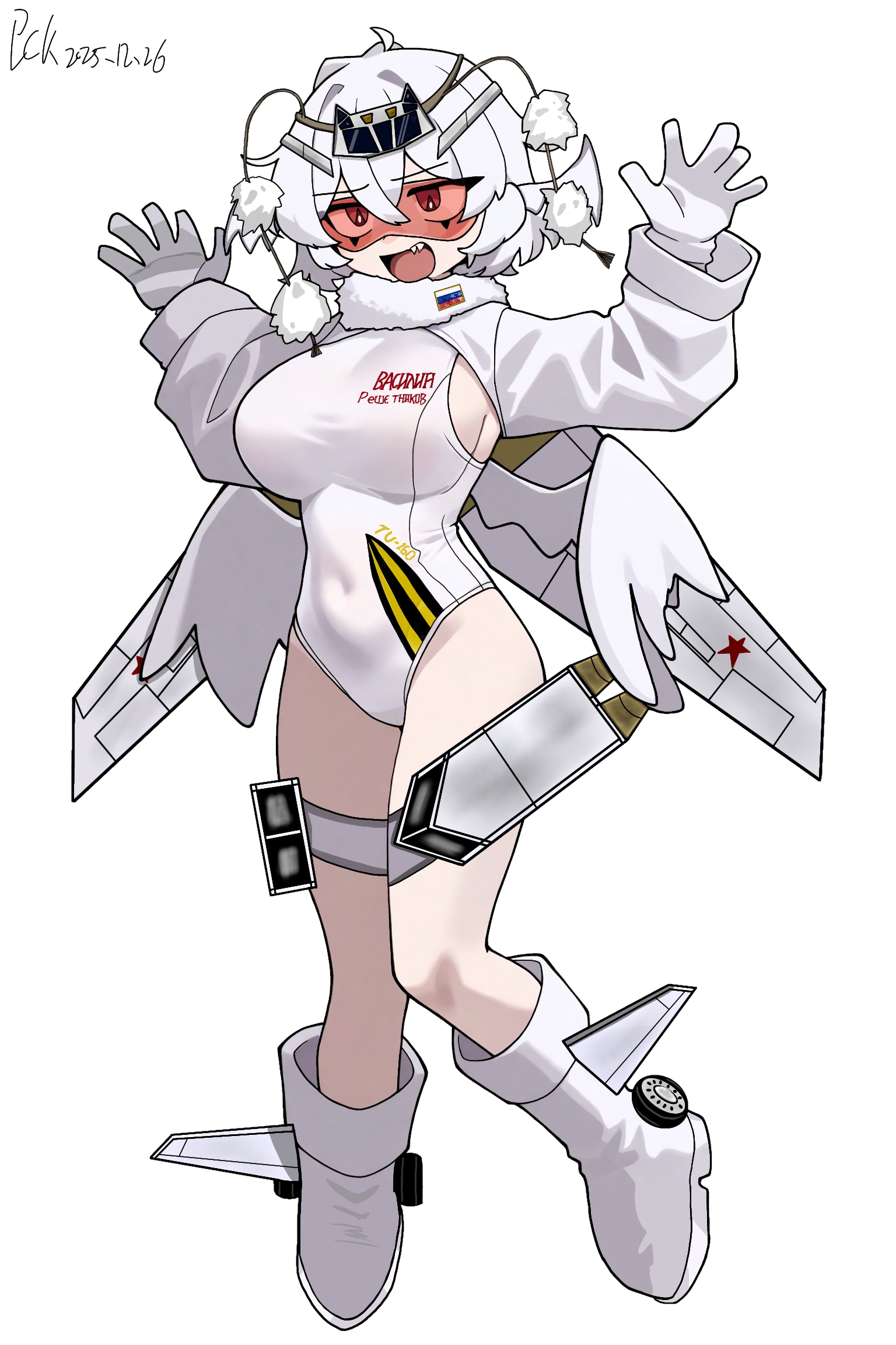 pckcool, tu-160, original, commentary request, highres, 1girl, aircraft, airplane, bomber, gloves, hammer and sickle, hands up, leotard, mecha musume, military vehicle, personification, red eyes, red star, russian air force, russian flag, shoes, shrug (clothing), solo, soviet, soviet air force, star (symbol), tinted eyewear, wheel, white background, white gloves, white hair, white leotard, white shoes, wings