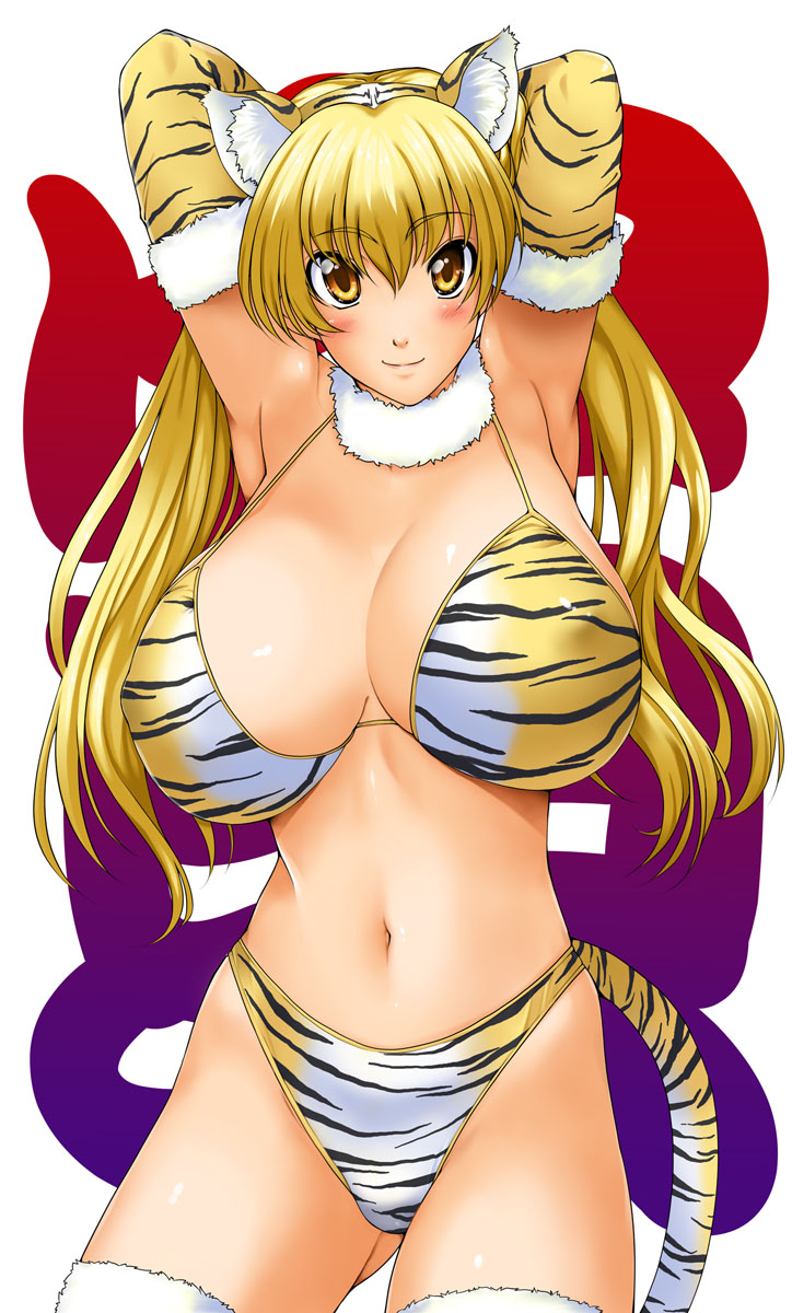 kamia (not found), matsuoka kiyone, original, bad id, bad pixiv id, highres, 10s, 1girl, 2010, animal ears, animal print, armpits, arms up, breasts, female focus, huge breasts, navel, new year, solo, tail, thighhighs, tiger ears, tiger girl, tiger print