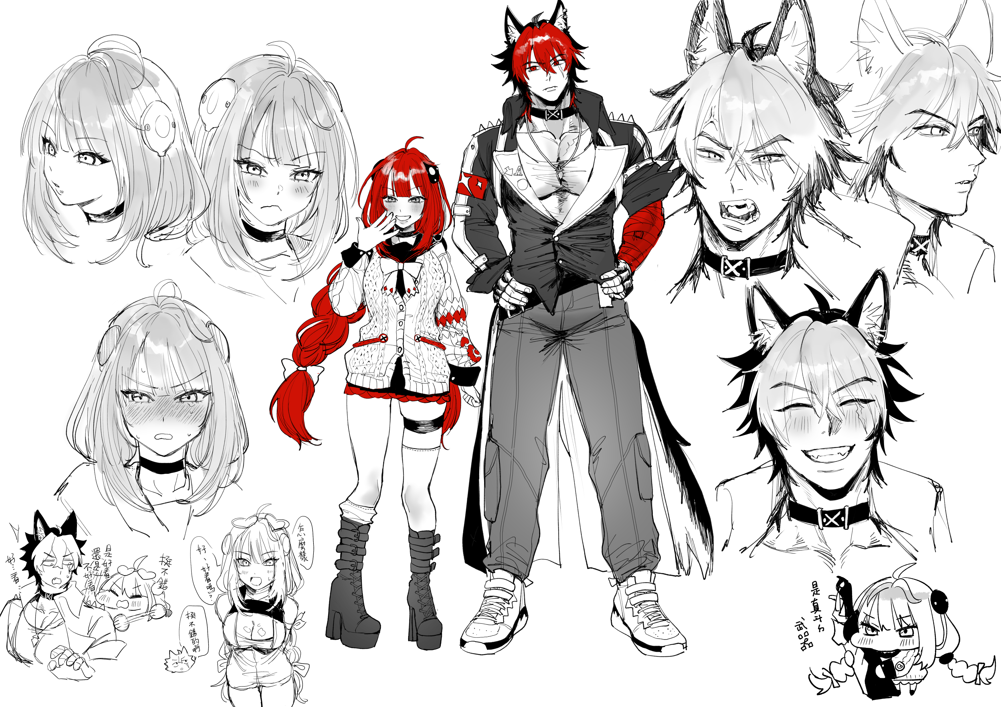 gun06, komano manato, ukinami yuzuha, absurdres, commentary request, highres, animal ears, bandaged arm, bandages, black boots, black choker, black jacket, blush, boots, choker, disgust, dog boy, dog ears, dog tail, embarrassed, jacket, muscular, muscular male, pink sweater, red bandage, ribbon, shirt, shoes, size difference, smile, smug, sweater, tail, twintails, white ribbon, white shirt, white shoes