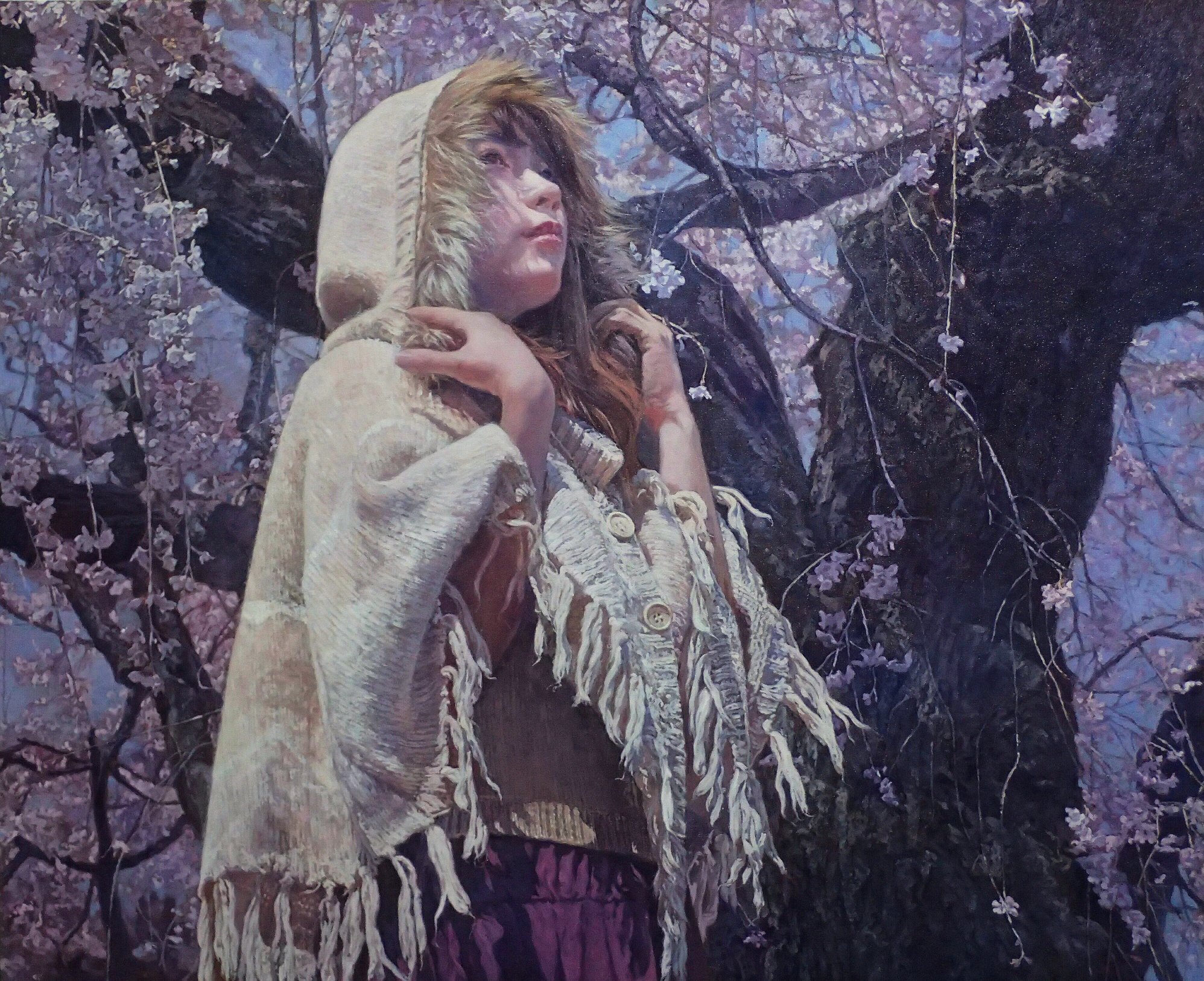 naohiro ito, original, commentary request, highres, oil painting (medium), painting (medium), traditional media, 1girl, asian, cherry blossoms, day, looking at viewer, looking to the side, shadow, solo, sunlight, tree, tree shade