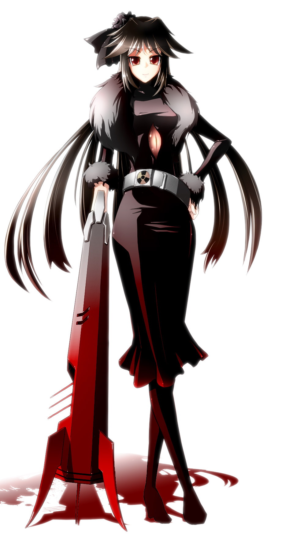 intuos9, reiuji utsuho, touhou, bad id, bad pixiv id, highres, 1girl, alternate costume, alternate weapon, arm cannon, black hair, contemporary, female focus, formal clothes, hand on own hip, long hair, no wings, radiation symbol, red eyes, solo, weapon