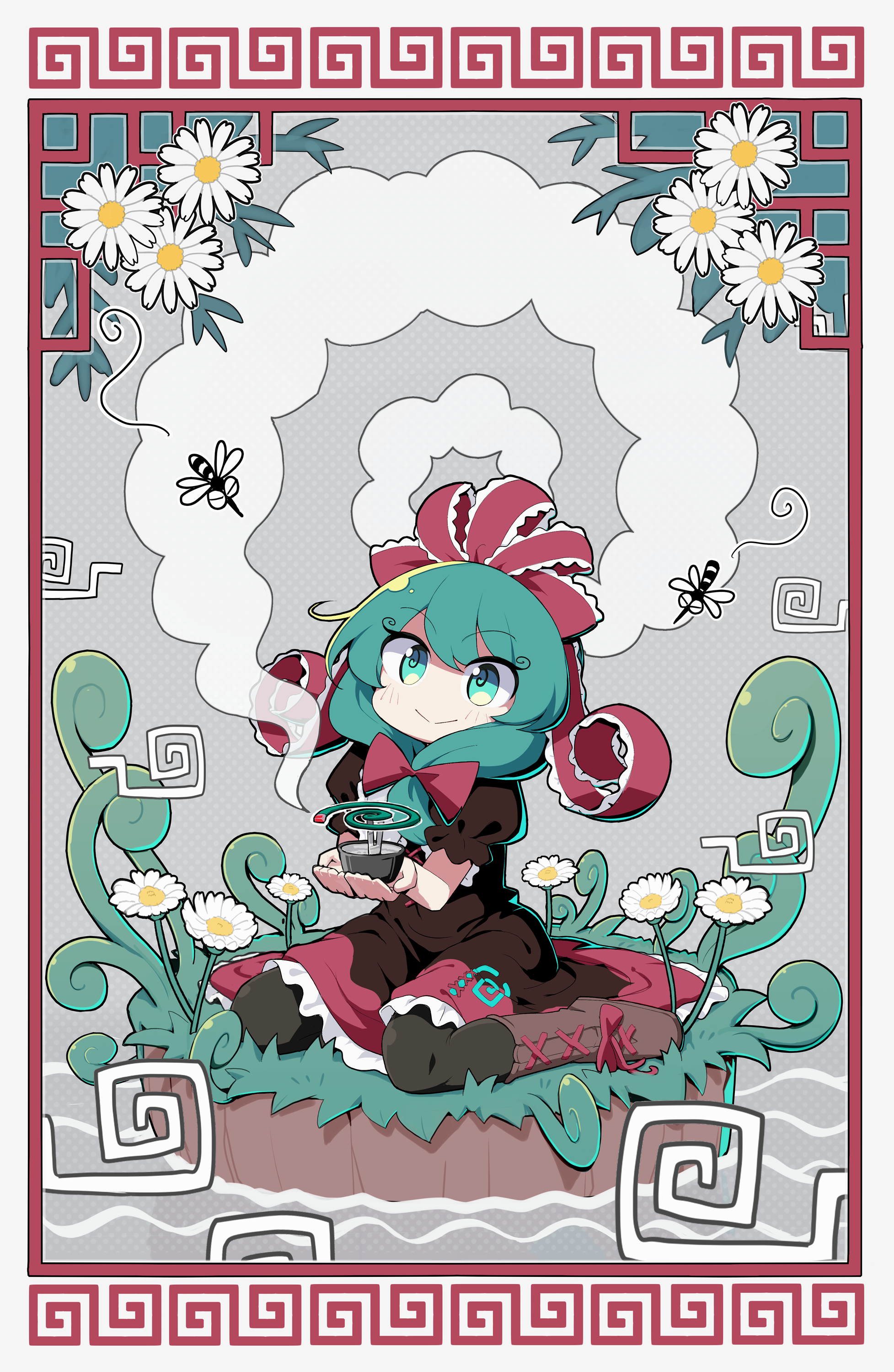 ranka (tonbo), kagiyama hina, touhou, absurdres, commentary request, commission, flower request, highres, skeb commission, 1girl, black pantyhose, boots, bow, brown boots, bug, closed mouth, dress, flower, frilled ribbon, frills, green eyes, green hair, hair bow, hair ribbon, holding, insect, knee boots, long hair, mosquito, mosquito coil, pantyhose, puffy short sleeves, puffy sleeves, red bow, red dress, ribbon, short sleeves, sitting, smile, solo, wariza, white flower