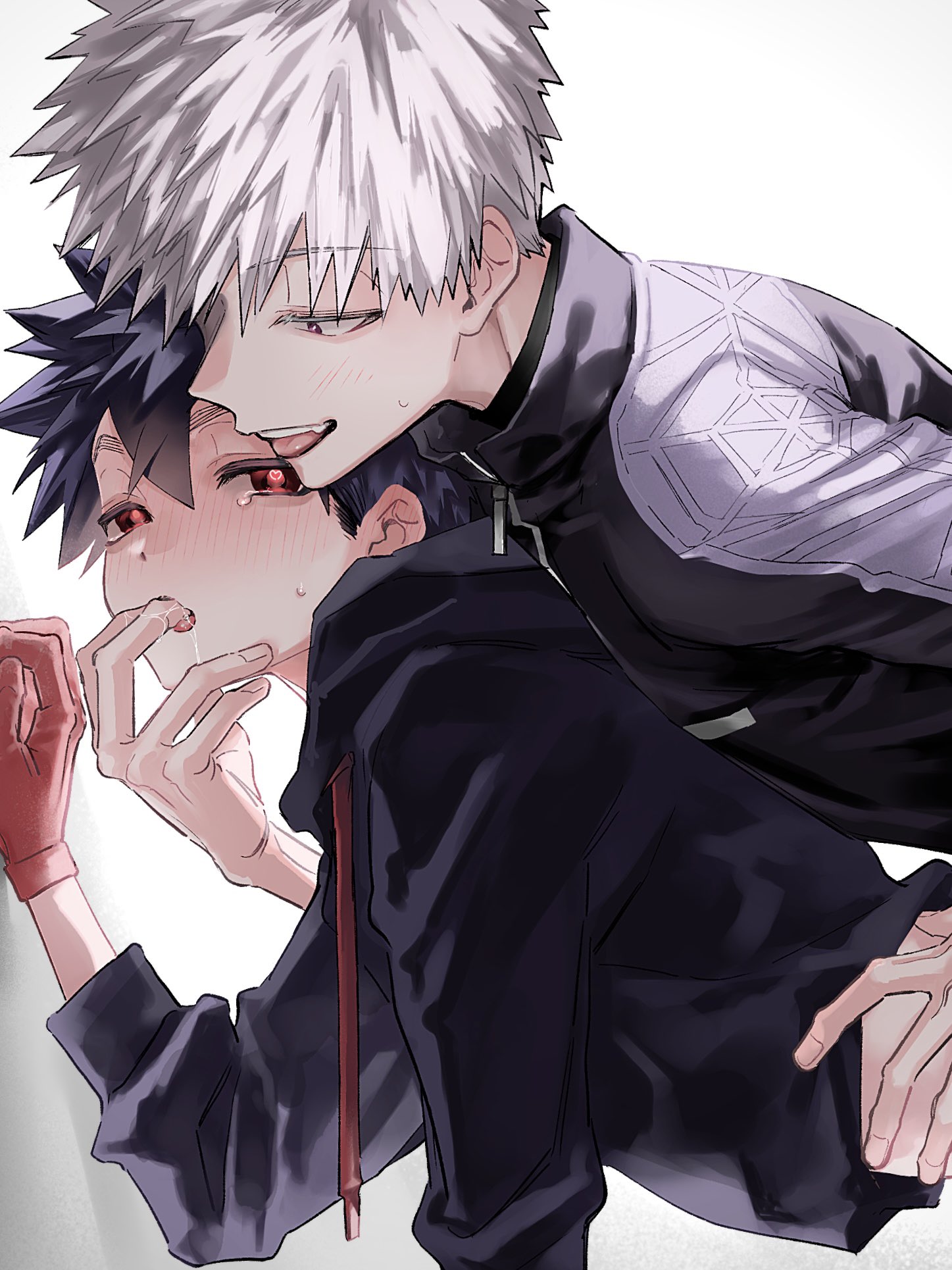 wao (77 af5), kusaka kabane, tademaru shiki, kemono jihen, highres, 2boys, black hair, blush, gloves, grabbing from behind, hand in another's mouth, heart, heart-shaped pupils, hood, hoodie, jacket, male focus, multiple boys, open mouth, saliva, short hair, sweatdrop, symbol-shaped pupils, teeth, upper teeth only, yaoi