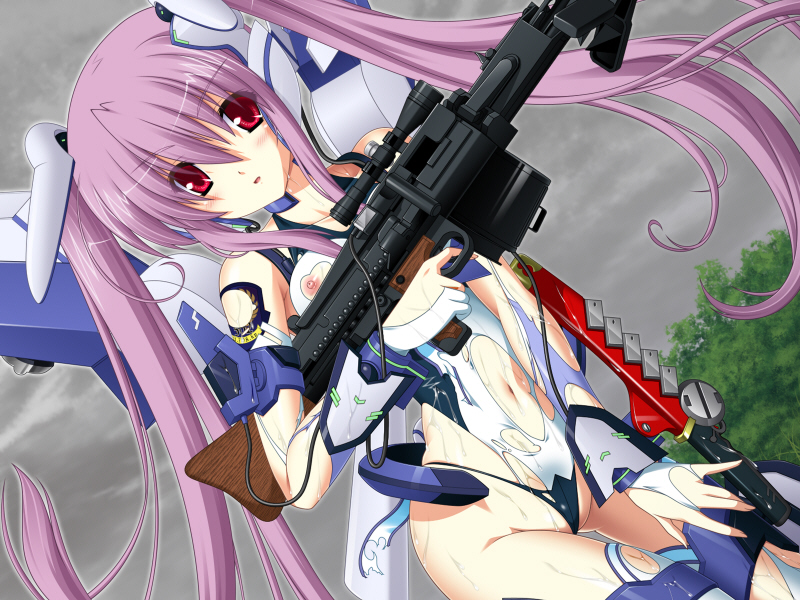 saitou natsuki, rose lilienthal, madou souhei kleinhasa, triangle (company), game cg, 1girl, armor, blush, breasts, dutch angle, female focus, gun, long hair, machine gun, mecha musume, medium breasts, nipple slip, nipples, purple hair, red eyes, rifle, scope, sky, solo, sweat, thigh gap, thighhighs, thighs, torn clothes, twintails, very long hair, wardrobe malfunction, weapon, wet