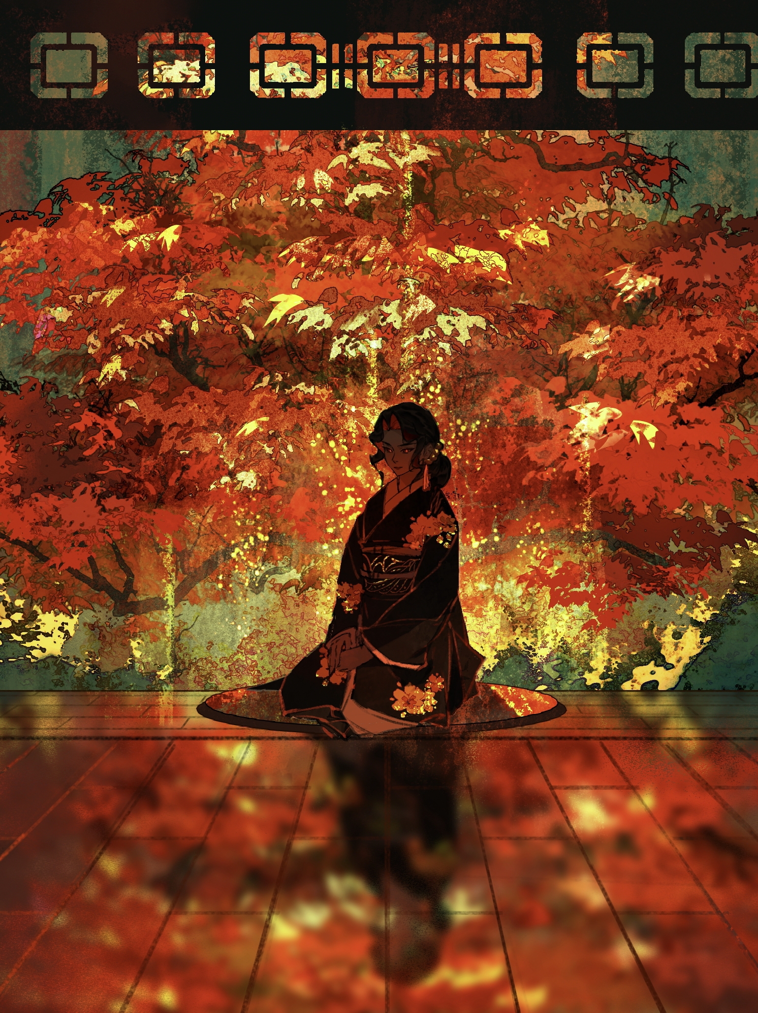 kibutsuji muzan, kibutsuji muzan (female), kimetsu no yaiba, chinese commentary, commentary request, highres, 1girl, black hair, black kimono, demon girl, floral print, japanese clothes, kimono, luliuer85301, red eyes, red lips, slit pupils, solo