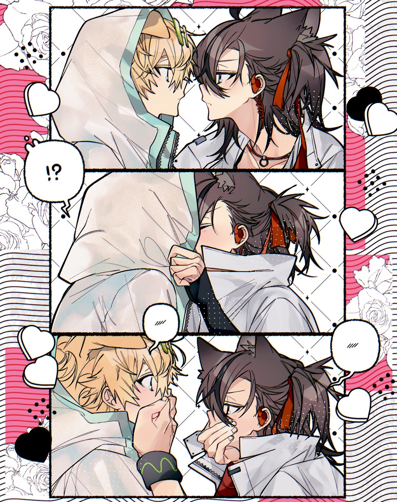 stainless (arknights), tequila (arknights), arknights, chinese commentary, commentary request, highres, !?, 2boys, ahoge, animal ears, bellisperennisl906, black gloves, black streaks, black vest, blonde hair, blue eyes, blush, bracelet, brown hair, cat ears, cat girl, closed mouth, collarbone, covering own mouth, dog boy, earpiece, eyewear on head, fingerless gloves, flower, frown, furrowed brow, gloves, green-tinted eyewear, hair between eyes, heart, hood, hood up, hooded jacket, jacket, jewelry, male focus, messy hair, multiple boys, open clothes, open jacket, ponytail, red ribbon, ribbon, rose, short hair, speech bubble, sunglasses, thick eyebrows, tinted eyewear, vest, white jacket, yaoi