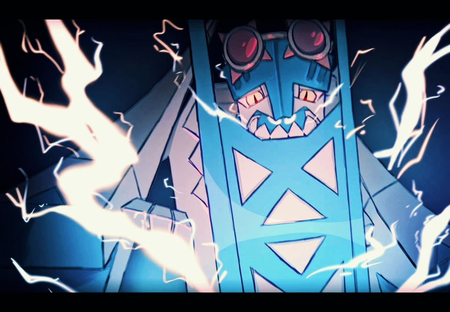 badfish08, archaludon, nintendo, pokemon, commentary request, alternate color, choice specs, electricity, eyewear on head, letterboxed, lower teeth only, no humans, open mouth, pokemon (creature), pokemon focus, red-tinted eyewear, round eyewear, sharp teeth, shiny pokemon, slit pupils, solo, teeth, tinted eyewear, upper body, yellow-framed eyewear