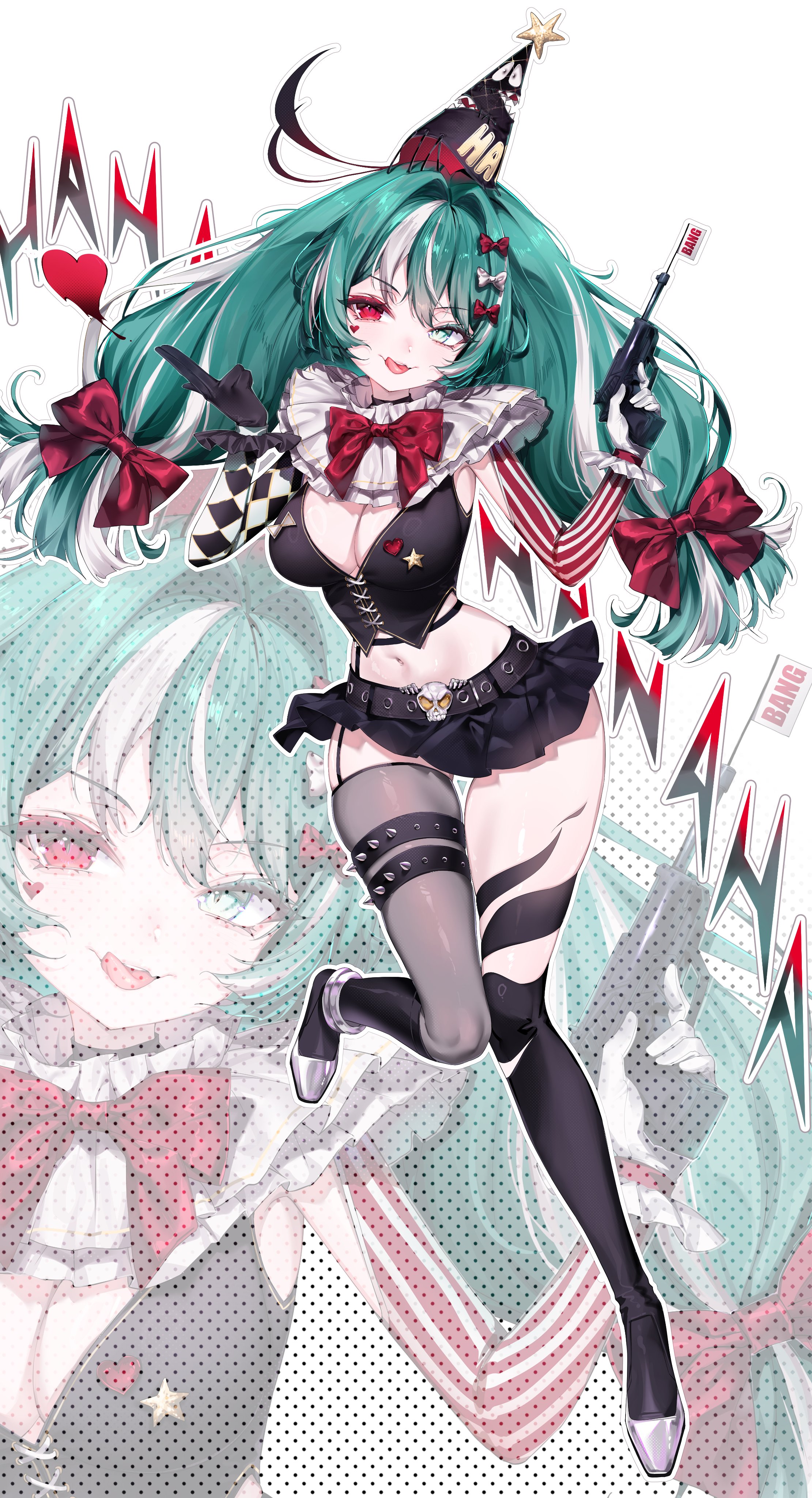teyyami, mira mayheme, indie virtual youtuber, absurdres, highres, 1girl, belt, bow, breasts, bustier, cleavage, clown, full body, gloves, green eyes, green hair, gun, hair bow, heterochromia, microskirt, midriff, multicolored hair, pleated skirt, red eyes, skirt, twintails, two-tone hair, virtual youtuber, weapon, white hair