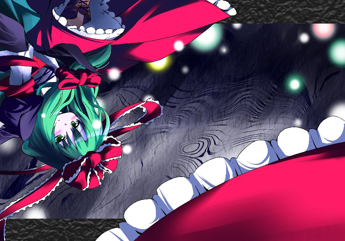 tachiuo nikominabe, kagiyama hina, touhou, 1girl, blush, bow, danmaku, female focus, green hair, hair bow, hair ribbon, ribbon, solo, upside-down