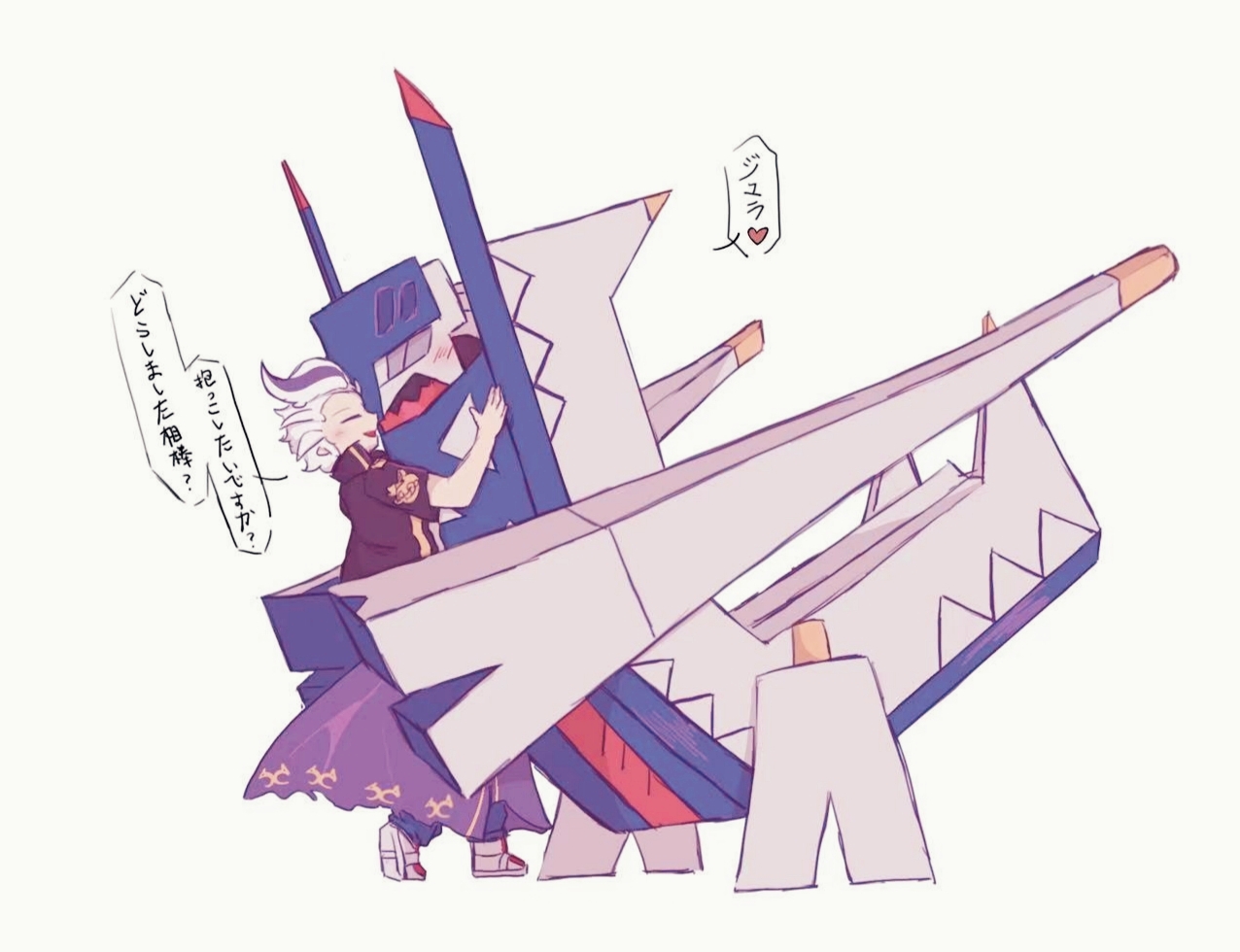 badfish08, archaludon, drayton (pokemon), nintendo, pokemon, pokemon sv, commentary request, translation request, 1boy, black jacket, blush, closed eyes, heart, hug, jacket, male focus, multicolored hair, open mouth, pokemon (creature), purple hair, shoes, short hair, simple background, smile, speech bubble, spoken heart, standing, streaked hair, two-tone hair, white background, white hair, white shoes