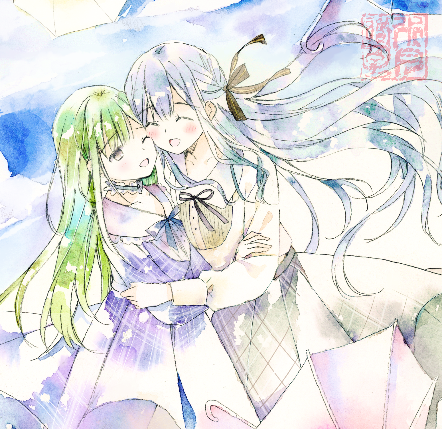 mizuki toko, togawa sakiko, wakaba mutsumi, bang dream!, bang dream! it's mygo!!!!!, commentary, highres, painting (medium), traditional media, watercolor (medium), 2girls, blue hair, closed eyes, green hair, hair ribbon, long hair, multiple girls, one eye closed, ribbon, school uniform, smile, tsukinomori school uniform, yellow eyes