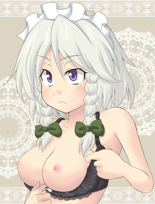 super masara, izayoi sakuya, touhou, silver hair, bad id, bad pixiv id, 1girl, :<, black bra, blush, bow, bow bra, bra, braid, breasts, female focus, hairband, large breasts, lingerie, maid headdress, nipples, ribbon, short hair, solo, twin braids, underwear