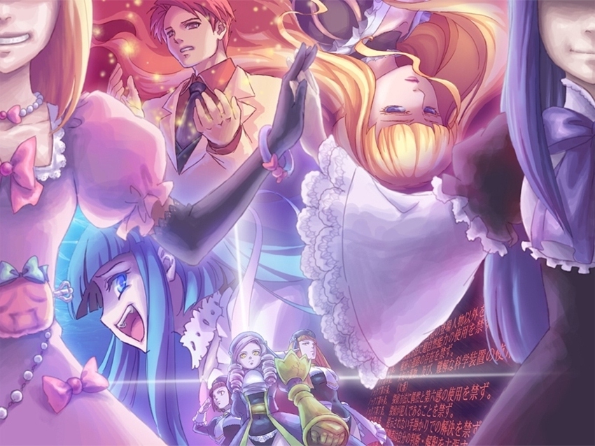 orange541, beatrice (umineko), cornelia (umineko), dlanor a. knox, eiserne jungfrau, frederica bernkastel, furudo erika, gertrude (umineko), lambdadelta, ushiromiya battler, 07th expansion, no naku koro ni (series), umineko no naku koro ni, 00s, 1boy, 6+girls, bow, evil grin, evil smile, grin, holding hands, multiple girls, pink bow, smile