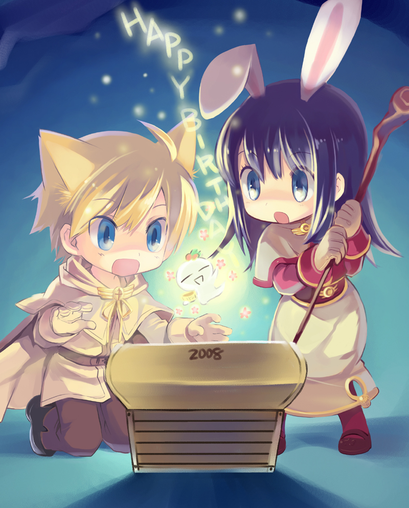 ikusabe lu, acolyte (ragnarok online), mage (ragnarok online), ragnarok online, 00s, 1boy, 1girl, 2008, animal ears, black hair, blonde hair, cat ears, extra ears, happy birthday, rabbit ears