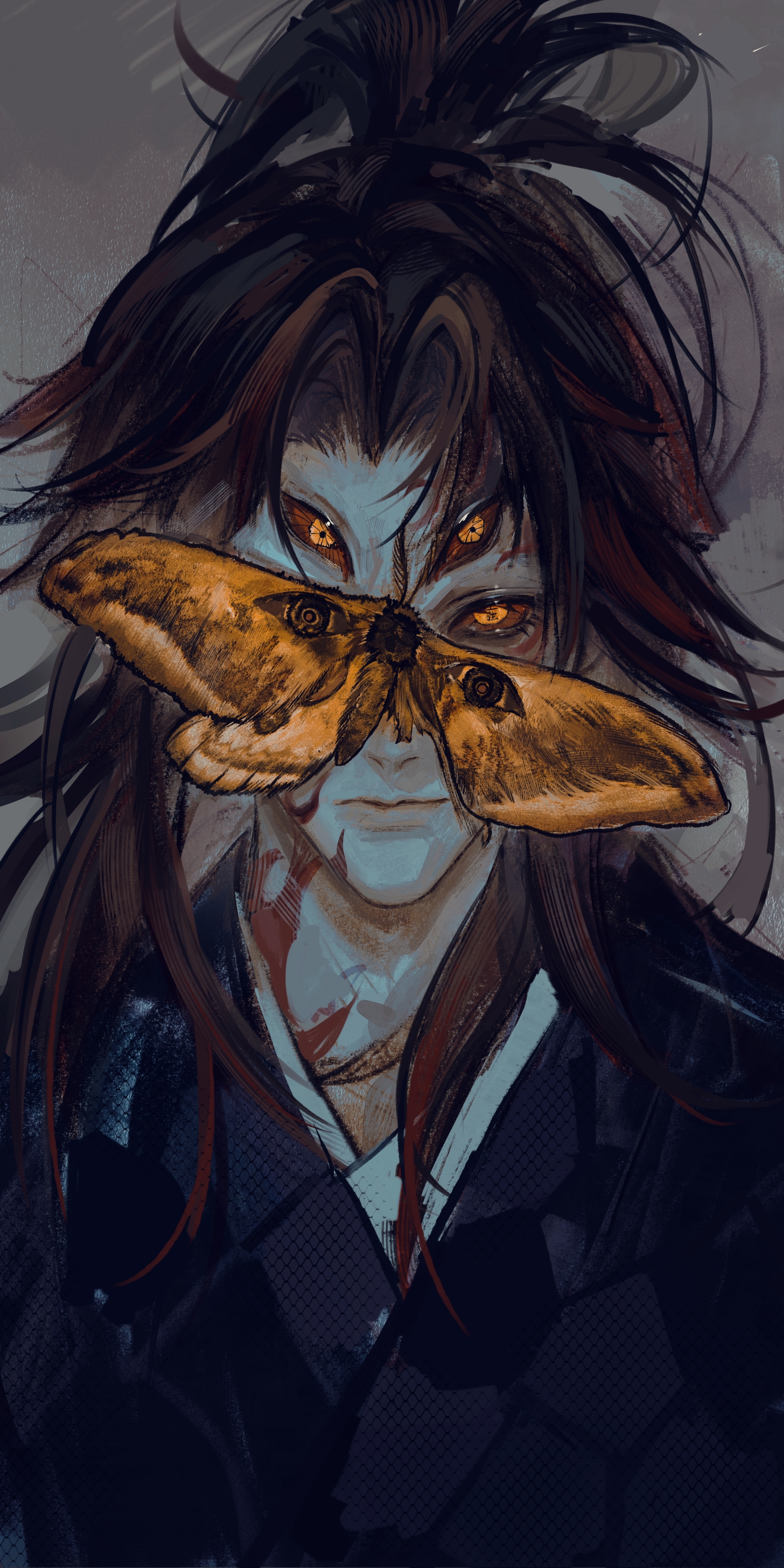 kokushibou, kimetsu no yaiba, absurdres, chinese commentary, commentary request, highres, 1boy, bug, colored sclera, demon boy, expressionless, extra eyes, huaqi732, insect, japanese clothes, long hair, looking at viewer, male focus, moth, ponytail, red sclera, solo, yellow eyes