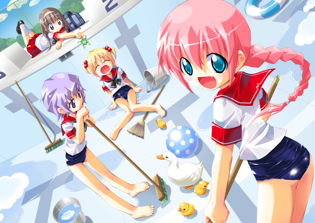kazakami shun, artist request, 4girls, aqua eyes, bag, ball, barefoot, bird, blonde hair, braid, broom, brown eyes, brown hair, bucket, bucket of water, duck, dutch angle, fang, feet, frog, hair bobbles, hair ornament, looking back, multiple girls, no pants, one-piece swimsuit, open mouth, pink hair, pool, purple hair, school swimsuit, school uniform, serafuku, swimsuit, swimsuit under clothes, tears