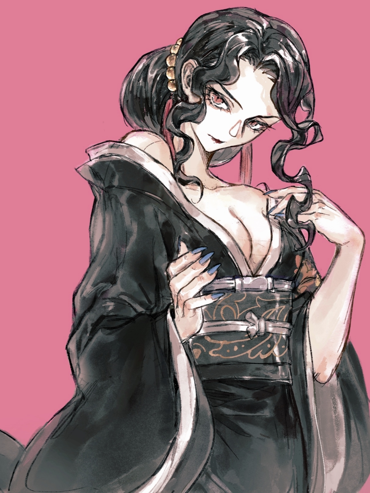 kibutsuji muzan, kibutsuji muzan (female), kimetsu no yaiba, chinese commentary, commentary request, highres, 1girl, black hair, black kimono, breeze905, demon girl, floral print, japanese clothes, kimono, red eyes, red lips, slit pupils, solo