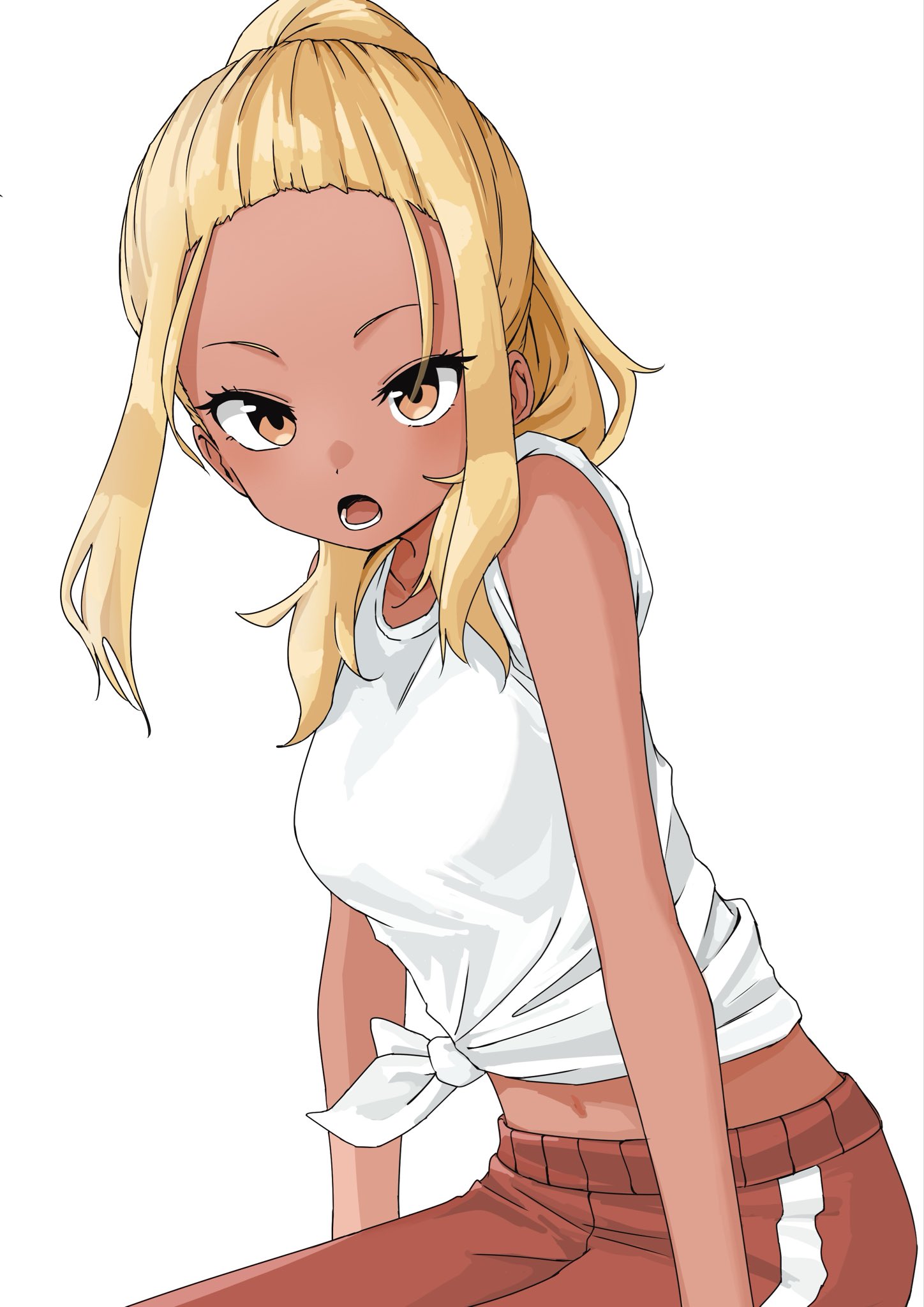 ichinose karina, manemane nichinichi, hashtag-only commentary, highres, 1girl, bare arms, blonde hair, henfrey14, looking at viewer, lower teeth only, midriff, navel, open mouth, orange eyes, pants, red pants, shirt, simple background, sitting, sleeves rolled up, solo, tan, teeth, tied shirt, track pants, white background, white shirt
