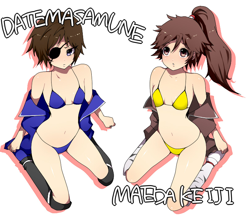 komekei, date masamune (sengoku basara), maeda keiji (sengoku basara), sengoku basara, bad id, bad pixiv id, gender request, 00s, 2girls, bikini, blue eyes, brown eyes, brown hair, eyepatch, genderswap, jacket, kneeling, long hair, multiple girls, navel, open clothes, open jacket, ponytail, short hair, spread legs, swimsuit, thighs