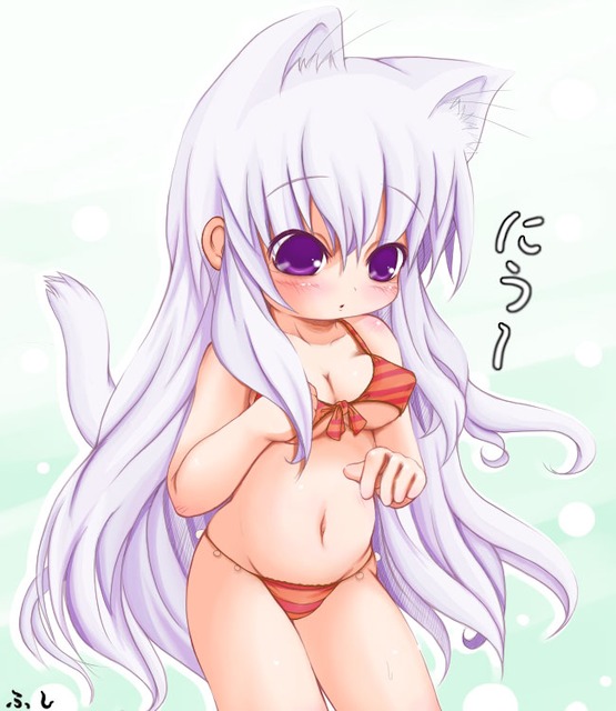 fushuu, original, silver hair, 1girl, animal ears, bikini, blush, breasts, cat ears, cat tail, cleavage, female focus, long hair, navel, purple eyes, solo, swimsuit, tail