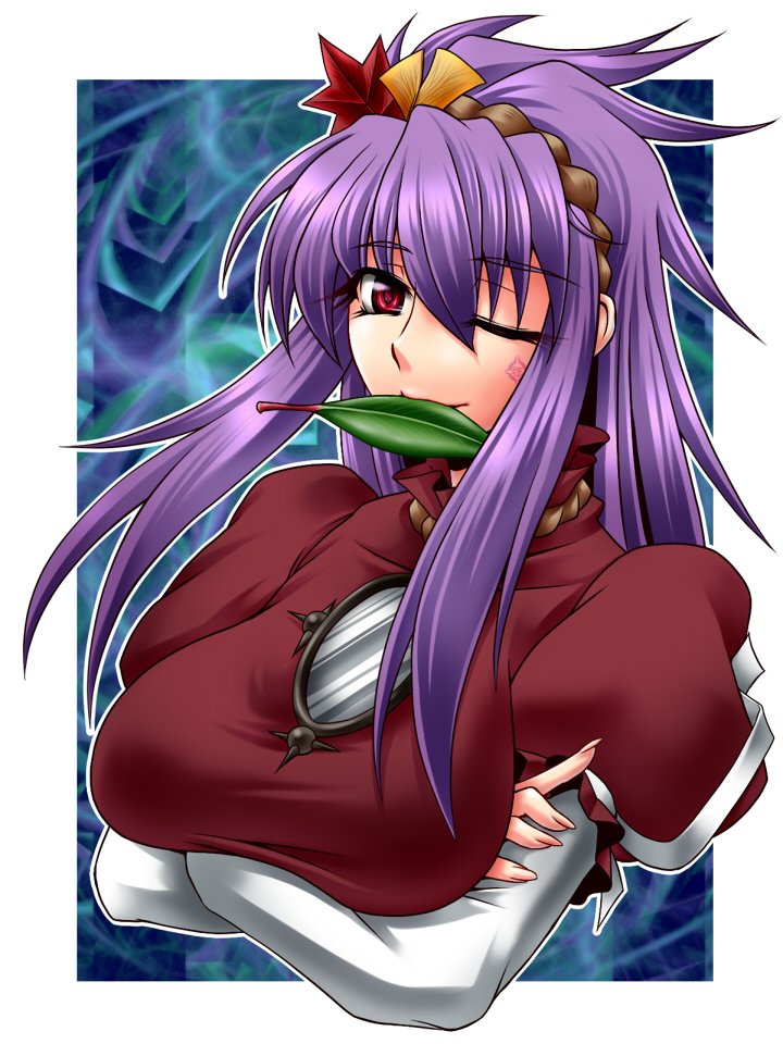ootsuki wataru, yasaka kanako, touhou, breast hold, bad id, bad pixiv id, 1girl, alternate hair length, alternate hairstyle, breasts, crossed arms, facial mark, female focus, fingernails, hair ornament, hairband, large breasts, leaf, leaf hair ornament, long fingernails, long hair, mirror, mouth hold, one eye closed, purple hair, red eyes, rope, shimenawa, solo, upper body, wink