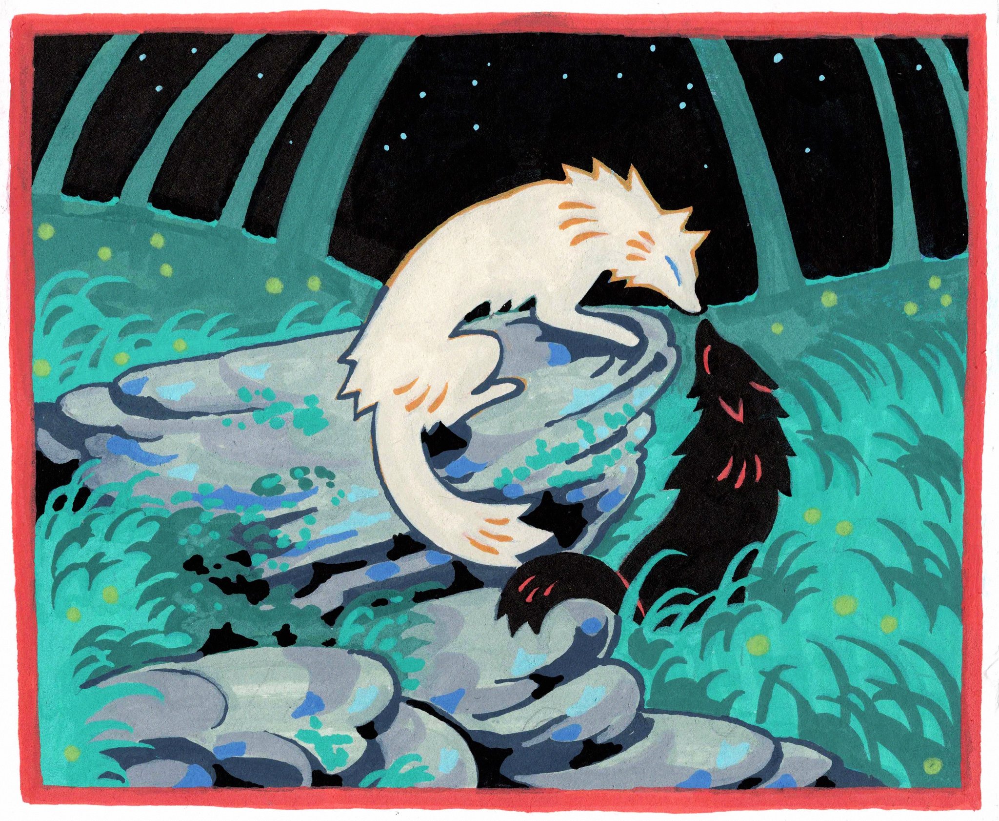 kitty (fernwhisker), original, commentary, english commentary, highres, traditional media, animal, animal focus, black fur, border, grass, no humans, noses touching, red border, rock, sky, star (sky), starry sky, tree, white border, white fur, wolf