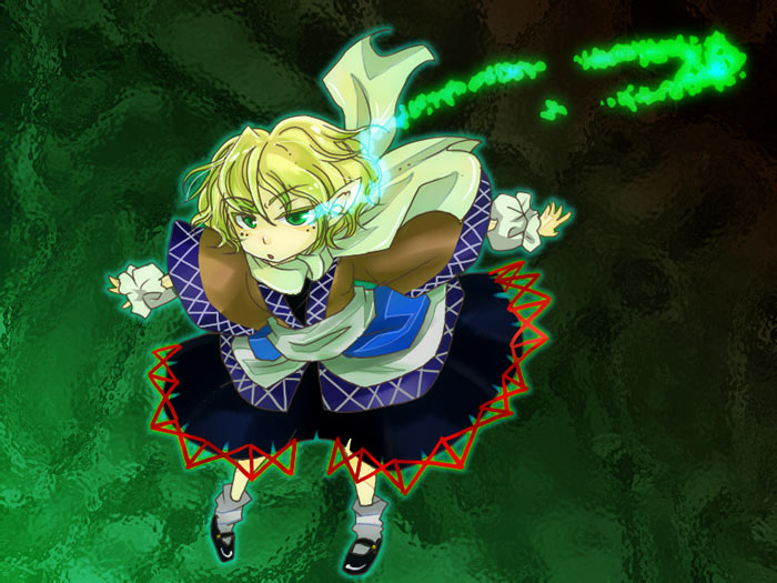 yui (soranohako), mizuhashi parsee, touhou, 1girl, blonde hair, elf, female focus, full body, green eyes, pointy ears, scarf, solo