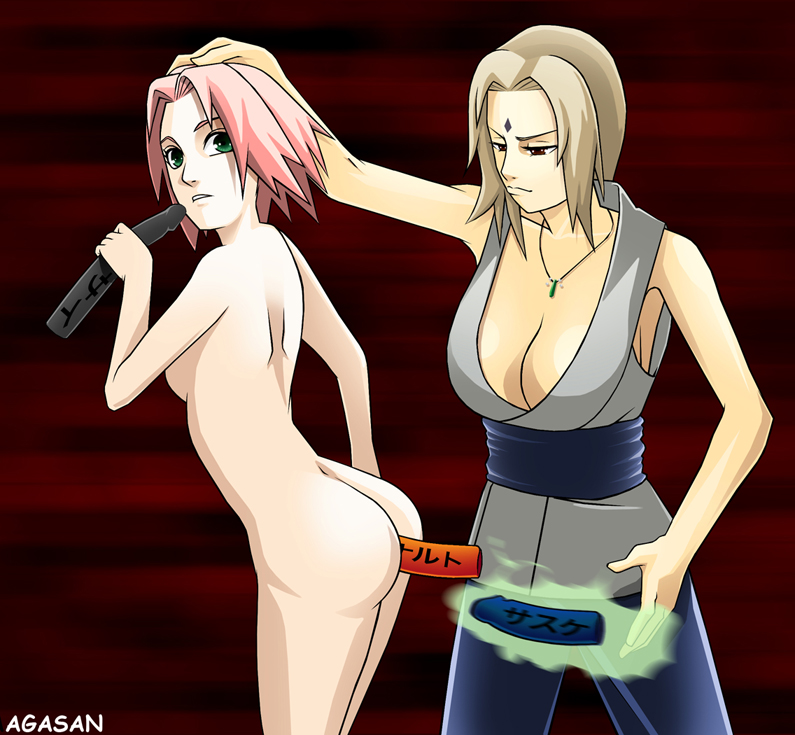 agasan, haruno sakura, tsunade (naruto), naruto (classic), naruto (series), anal, blonde hair, brown eyes, dildo, green eyes, jewelry, nude, pendant, pink hair, sex toy, training