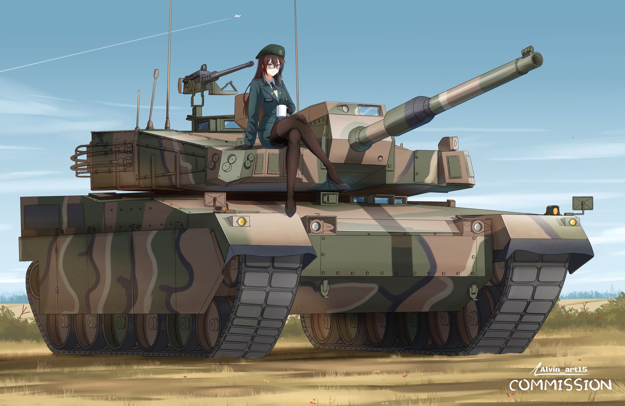 original, commentary, commission, english commentary, highres, 1girl, aircraft, alvin art15, artist name, beret, black pantyhose, brown hair, browning m2, cannon, caterpillar tracks, crossed legs, cup, glasses, gun, hat, heavy machine gun, heterochromia, holding, holding cup, k2 black panther, machine gun, military uniform, military vehicle, motor vehicle, mug, on tank, pantyhose, red eyes, sitting, smoke grenade launcher, solo, tank, treads, vehicle focus, weapon, yellow eyes