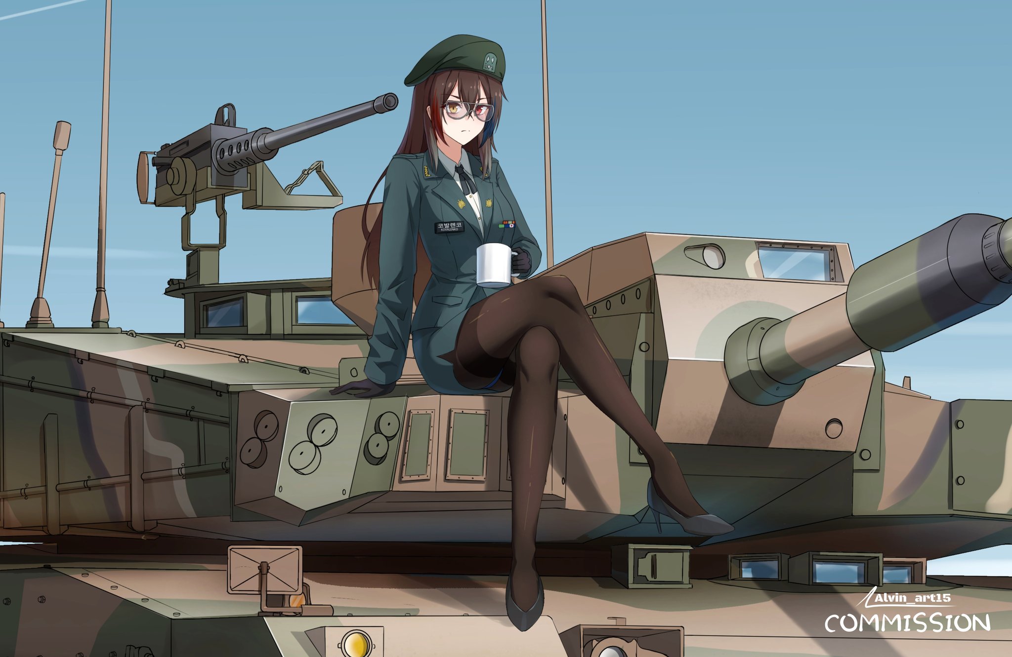 original, commentary, commission, english commentary, highres, 1girl, aircraft, alvin art15, artist name, beret, black pantyhose, brown hair, browning m2, cannon, close-up, crossed legs, cup, glasses, gun, hat, heavy machine gun, heterochromia, holding, holding cup, k2 black panther, machine gun, military uniform, military vehicle, motor vehicle, mug, on tank, pantyhose, red eyes, sitting, smoke grenade launcher, solo, tank, weapon, yellow eyes