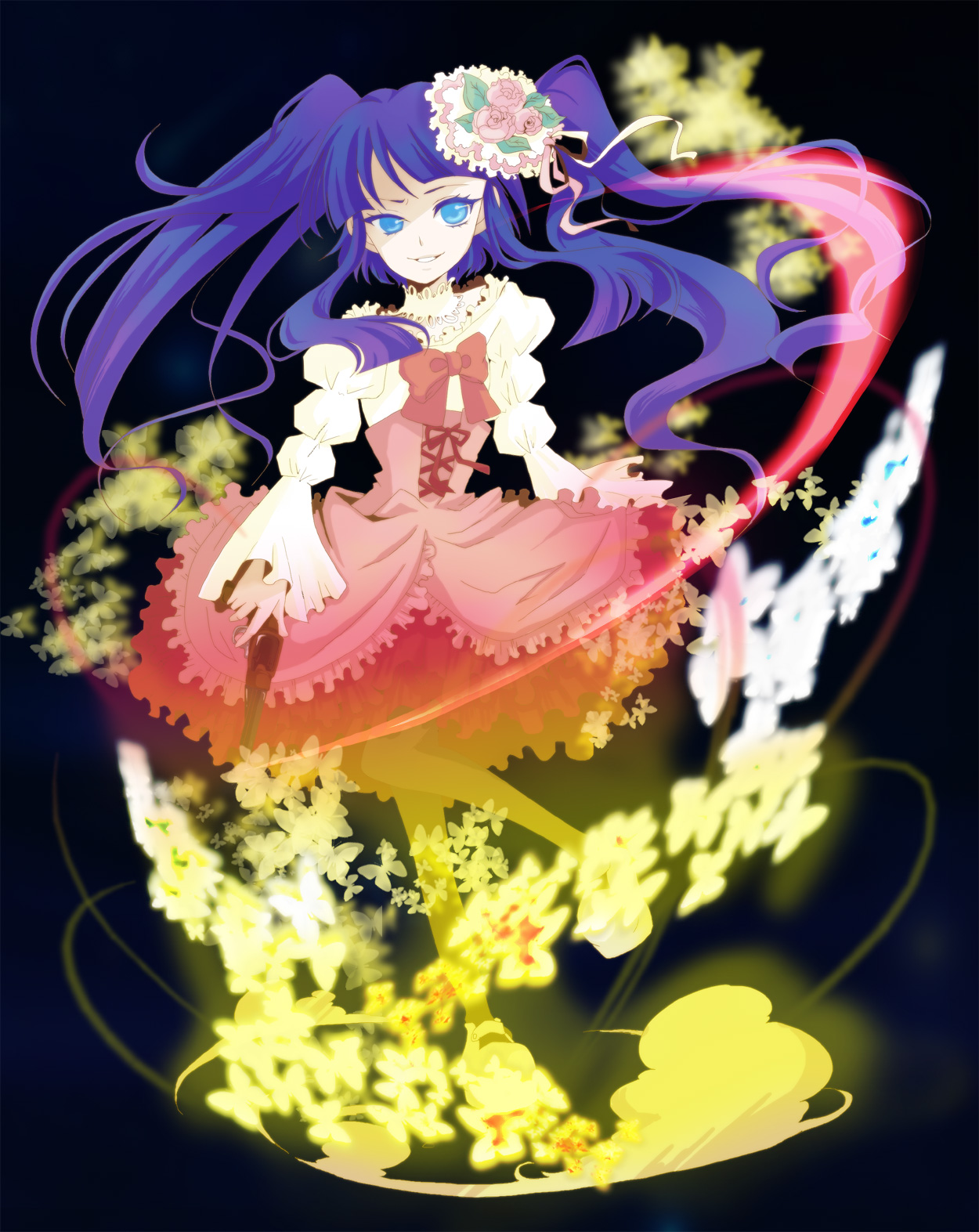 pino picon, furudo erika, dawn of the golden witch, umineko no naku koro ni, bad id, bad pixiv id, highres, 00s, 1girl, blue eyes, bow, bug, butterfly, choker, dress, female focus, flower, grin, gun, hair ornament, handgun, insect, long hair, pantyhose, pink bow, purple hair, revolver, smile, solo, trigger discipline, twintails, weapon