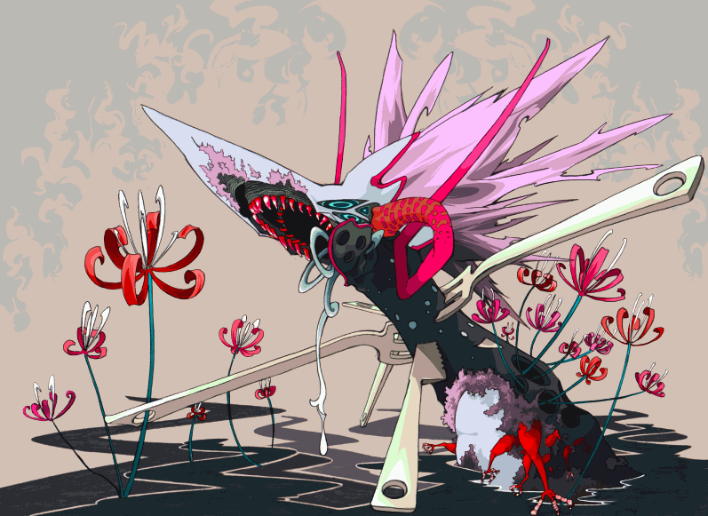 uekusa wataru, original, abstract, flower, fork, knife, monster, no humans, red flower, spider lily, surreal