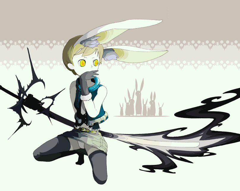 uekusa wataru, original, animal ears, belt, brown hair, gloves, miniskirt, panties, rabbit ears, skirt, solo, thighhighs, underwear, yellow eyes