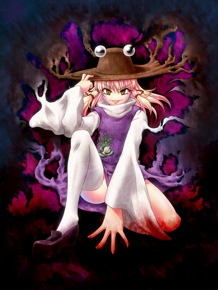 ootsuki wataru, moriya suwako, touhou, bad id, bad pixiv id, 1girl, blonde hair, female focus, frog, full body, hair ribbon, hat, ribbon, single thighhigh, solo, thighhighs, white thighhighs, yellow eyes