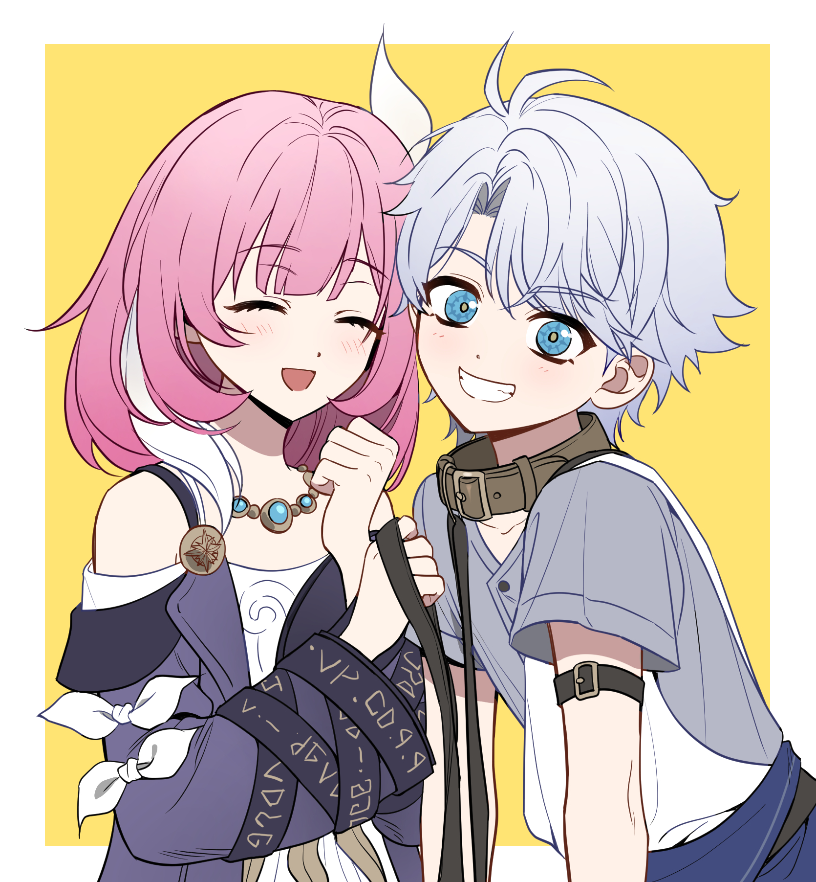 cyrene (honkai: star rail), cyrene (philia093) (honkai: star rail), phainon (a dream scented in wheat) (honkai: star rail), phainon (honkai: star rail), honkai: star rail, honkai (series), hashtag-only commentary, highres, 1boy, 1girl, aged down, ahoge, animal collar, bare shoulders, blue shirt, breasts, coat, collar, dress, friedricegenius, hair ornament, holding, holding leash, jewelry, leash, multicolored hair, necklace, pink hair, purple coat, shirt, short hair, simple background, small breasts, smile, two-tone hair, white dress, white hair, yellow background