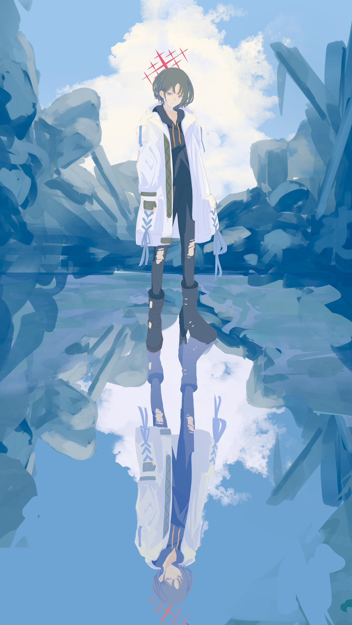 aka afl o, misaki (blue archive), blue archive, commentary request, highres, 1girl, bandaged neck, bandages, black boots, black hair, black hoodie, black pants, blue sky, boots, cloud, coat, different reflection, full body, halo, hood, hoodie, long sleeves, looking down, outdoors, pants, red halo, reflection, reflective liquid, short hair, sideways glance, sky, sleeves past wrists, solo, standing, standing on liquid, torn clothes, torn pants, water, white coat