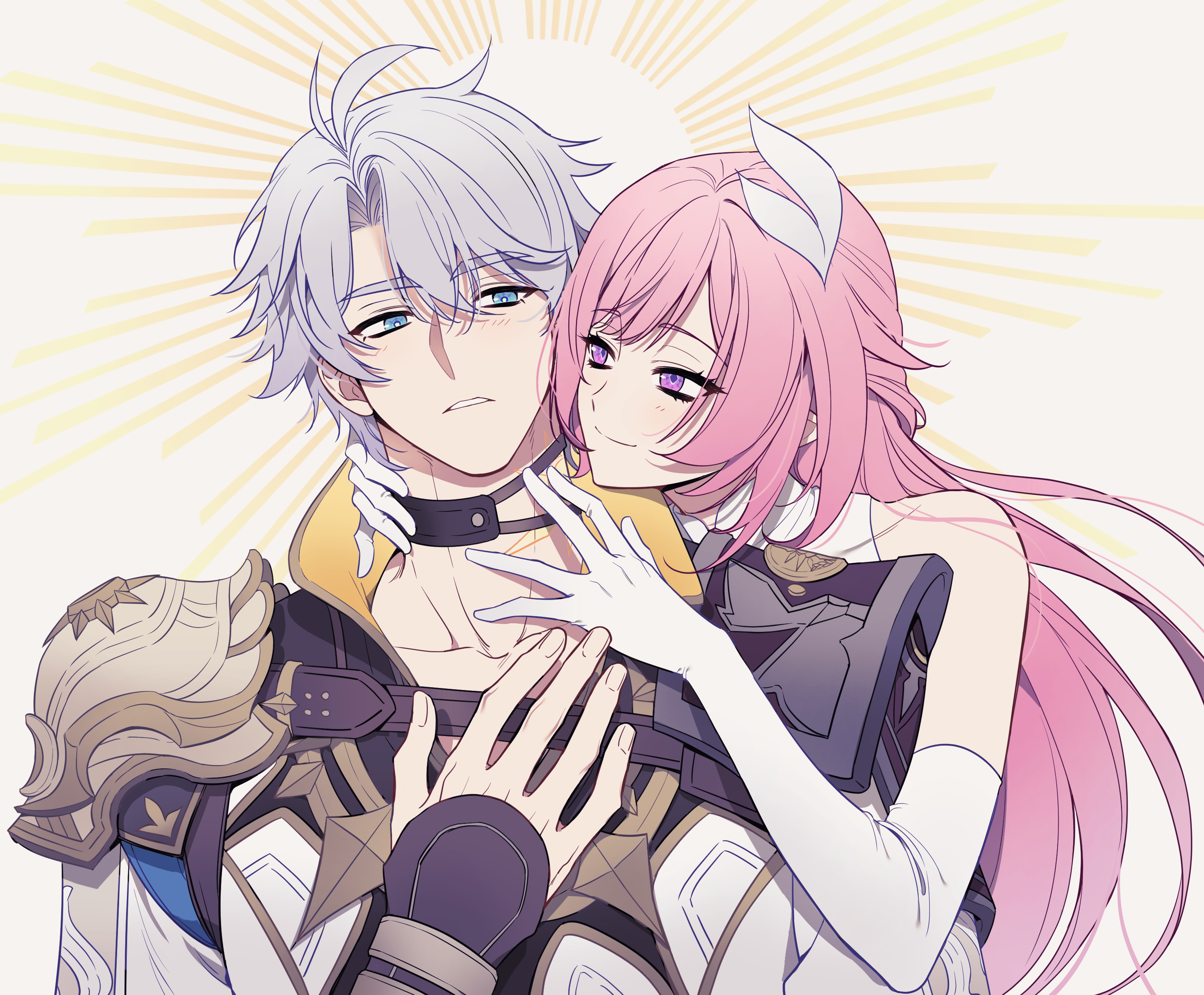 cyrene (demiurge) (honkai: star rail), cyrene (honkai: star rail), phainon (honkai: star rail), honkai: star rail, honkai (series), absurdres, highres, 1boy, 1girl, ahoge, armor, blue eyes, coat, diamond-shaped pupils, diamond (shape), friedricegenius, gloves, gold tattoo, hair ornament, hand on another's neck, long hair, neck tattoo, pauldrons, pink hair, purple eyes, short hair, shoulder armor, single pauldron, smile, symbol-shaped pupils, tattoo, very long hair, white coat, white gloves, white hair