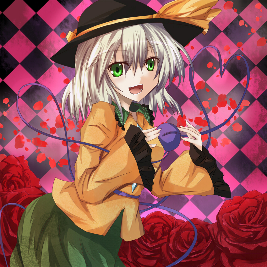 ram hachimin, komeiji koishi, touhou, 1girl, bow, female focus, flower, green eyes, grey hair, hat, heart, rose, solo