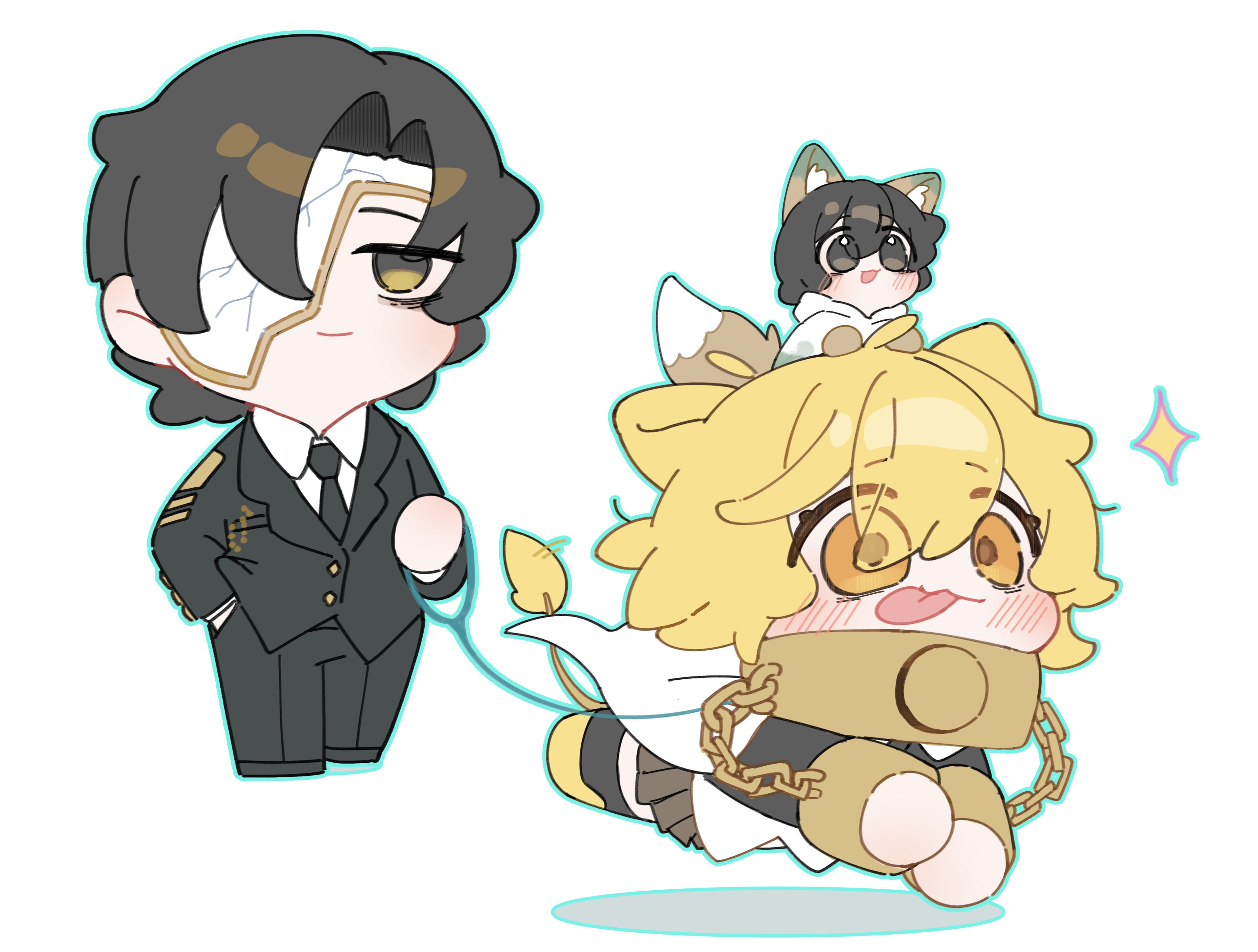 may.l, don quixote (project moon), yi sang (project moon), limbus company, project moon, absurdres, commentary request, highres, korean commentary, 1girl, 2boys, :p, animal ears, black hair, black jacket, black pants, black thighhighs, blonde hair, blush, breasts, brown eyes, brown skirt, chain, chibi, chibi on head, chibi only, collar, dog ears, dog girl, eye mask, formal clothes, full body, hand in pocket, holding, holding leash, hood, hoodie, index (identity) (project moon), jacket, leash, long sleeves, mask, military uniform, multiple boys, necktie, on head, orange eyes, pants, pleated skirt, rien (project moon), shirt, shoes, short hair, skirt, suit, tail, thighhighs, tongue, tongue out, white background, white hoodie, white shirt