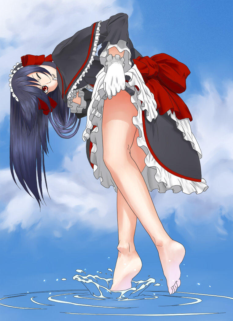 kokonoo no ginkou, april (coyote ragtime show), coyote ragtime show, 00s, 1girl, barefoot, clothes lift, dress, feet, female focus, gloves, grin, legs, one eye closed, skirt, skirt hold, skirt lift, smile, solo, splashing, water, wink