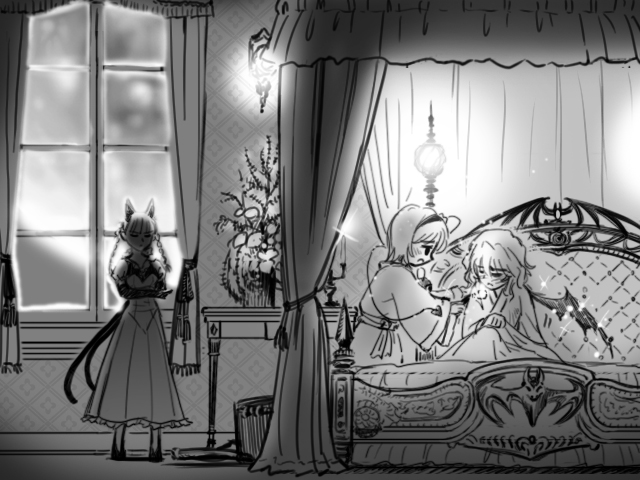 gensoukoumuten, kaenbyou rin, komeiji satori, remilia scarlet, touhou, 3girls, bed, female focus, full moon, grey theme, greyscale, monochrome, moon, multiple girls, room, wings