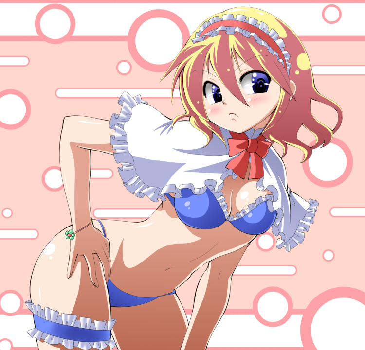 kara age, alice margatroid, touhou, bad id, bad pixiv id, 1girl, bikini, blonde hair, blue eyes, blush, bow, bracelet, breasts, capelet, cleavage, female focus, frilled thigh strap, frills, frown, hairband, hand on own hip, hip focus, jewelry, leaning forward, maid headdress, short hair, solo, swimsuit, thigh strap