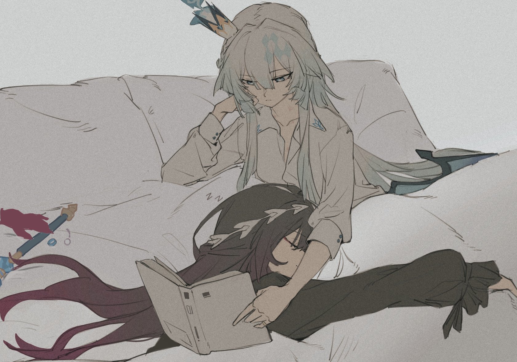 cerydra (honkai: star rail), hysilens (honkai: star rail), honkai: star rail, honkai (series), chinese commentary, commentary request, highres, 2girls, bed, black hair, blue eyes, book, crown, gradient hair, hair ornament, holding, holding book, hug, long hair, mini crown, multicolored hair, multiple girls, pillow, reading, shan xu, shirt, sleeping, streaked hair, very long hair, white hair, yuri