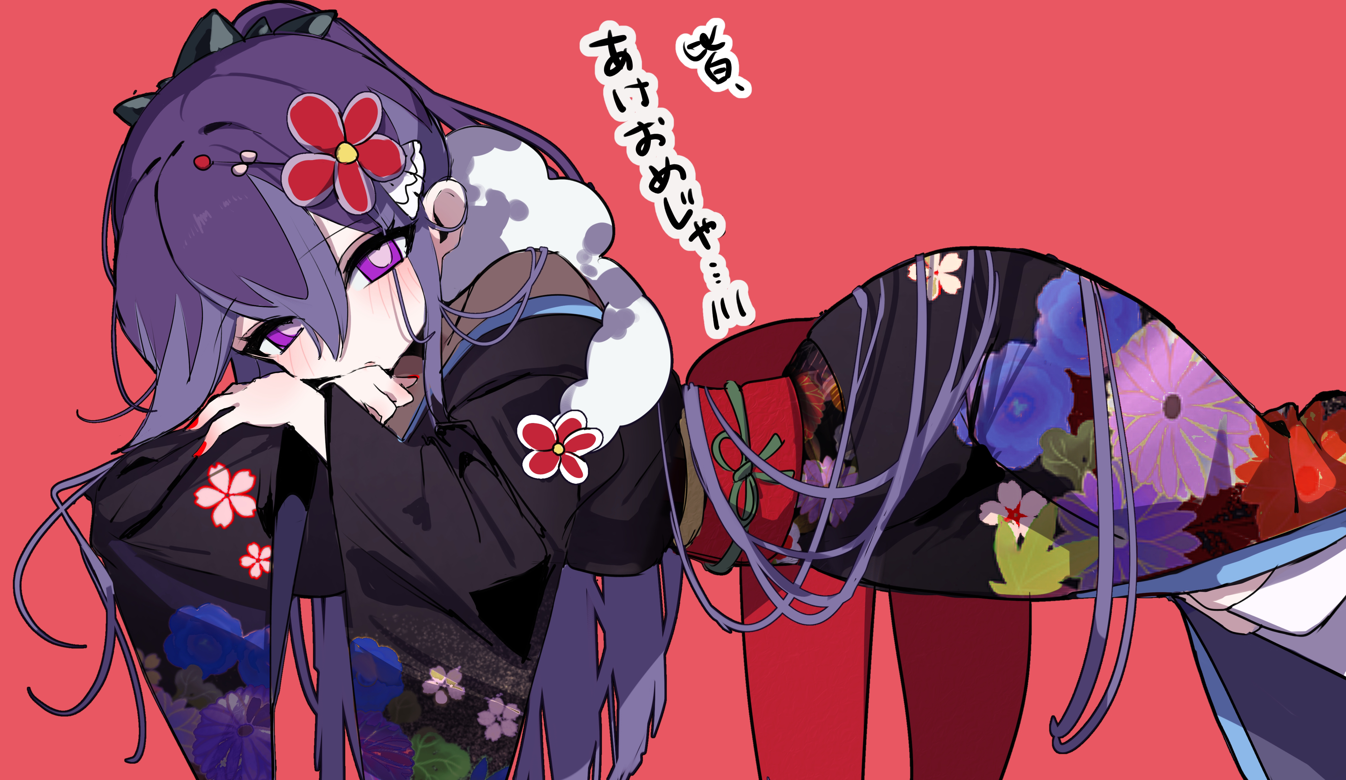 hyakkihime, youkai watch, absurdres, commentary request, highres, translation request, 1girl, black kimono, blush, crossed arms, diamond star12, floating, floral print, floral print kimono, floral print sleeves, fur-trimmed kimono, fur trim, furisode, hair between eyes, hair ornament, high ponytail, japanese clothes, kanzashi, kimono, long hair, long sidelocks, looking at viewer, lying, multicolored hair, obi, obiage, obijime, on side, ponytail, print kimono, purple eyes, purple hair, red background, sash, sidelocks, simple background, solo, traditional youkai, tsumami kanzashi, two-tone hair, wide hips, wide sleeves, youkai (youkai watch), yuki onna