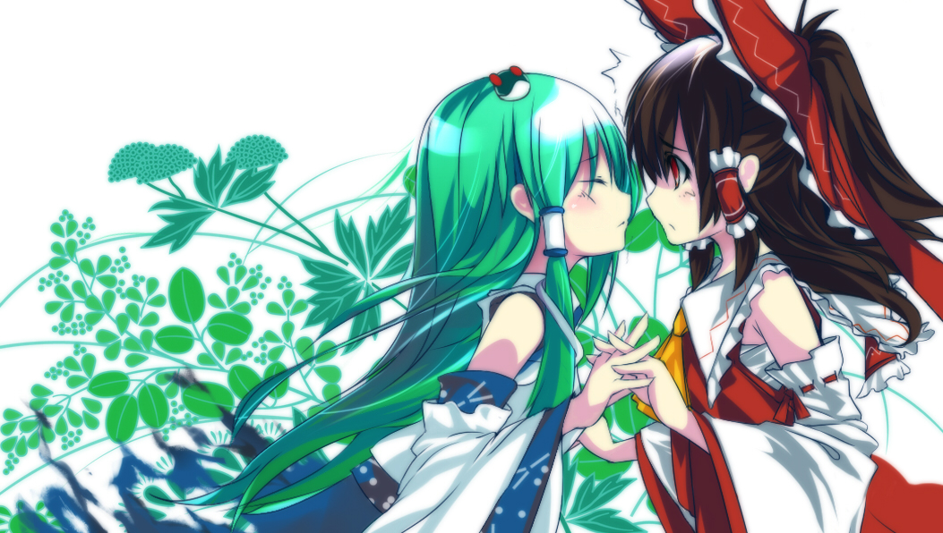 eskimofox, hakurei reimu, kochiya sanae, touhou, 2girls, blush, bow, brown hair, closed eyes, detached sleeves, female focus, frog, green hair, hair ornament, holding hands, imminent kiss, japanese clothes, long hair, miko, multiple girls, red eyes, ribbon, snake, yuri