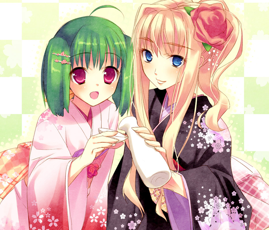 toranosuke, ranka lee, sheryl nome, macross, macross frontier, bad id, bad pixiv id, 00s, 2girls, alcohol, blonde hair, blue eyes, flower, green hair, hair flower, hair ornament, japanese clothes, kimono, long hair, multiple girls, open mouth, red eyes, sake, short hair