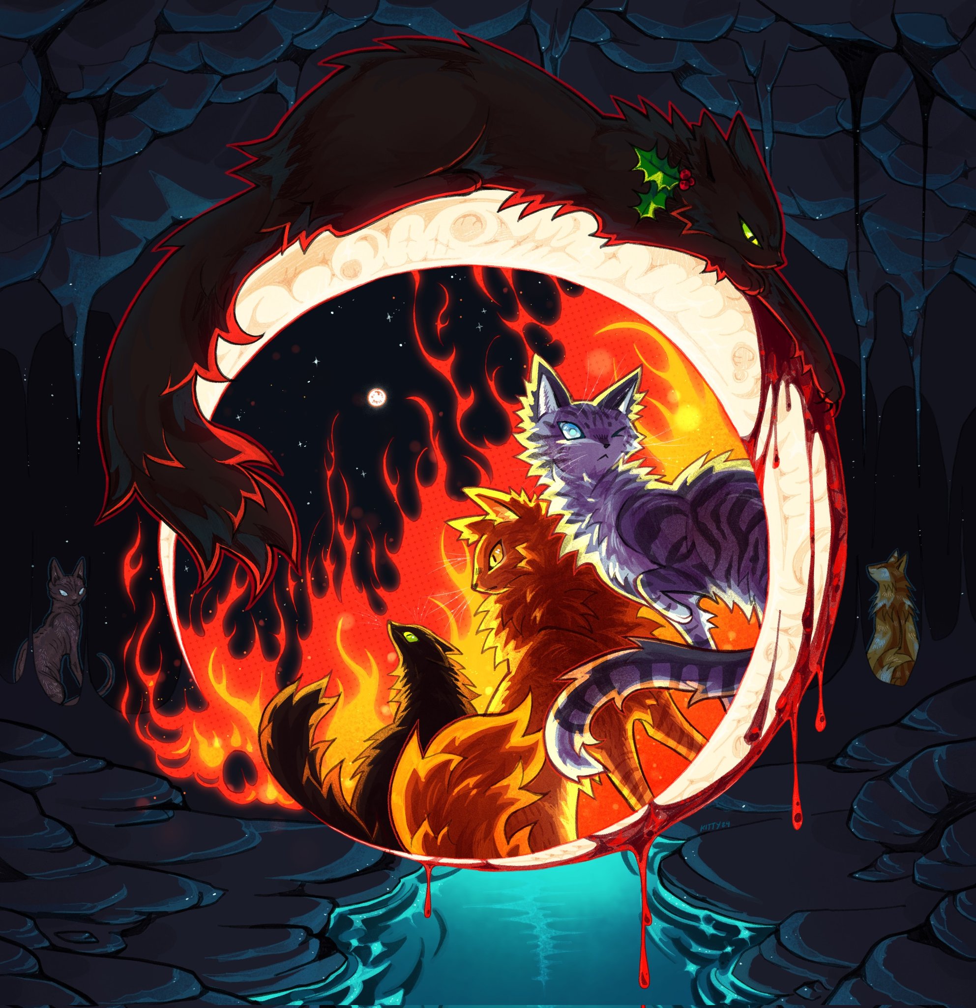 kitty (fernwhisker), power of three, warrior cats, commentary, highres, animal, animal focus, black cat, blood, blue eyes, brother and sister, brothers, cat, cave, crescent, dual persona, fallen leaves (warrior cats), fire, full moon, green eyes, grey cat, hair ornament, holly hair ornament, hollyleaf, jayfeather, lionblaze, moon, name connection, no humans, object namesake, orange cat, orange eyes, rock (warrior cats), siblings, tabby cat, water