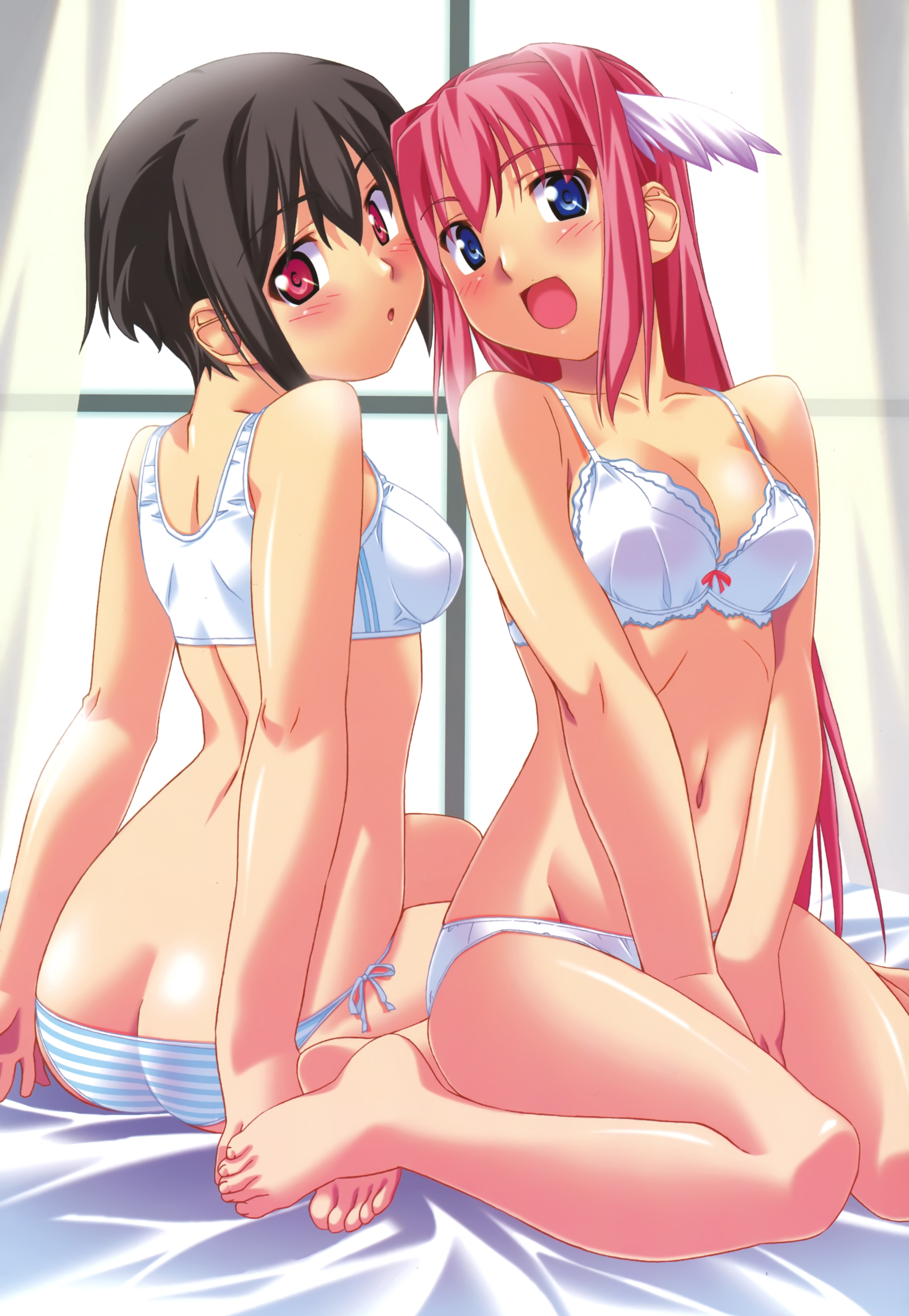 kuuchuu yousai, fauna, kurosaki natsuki, megachu!, absurdres, highres, scan, 00s, 2girls, :d, :o, ass, back, barefoot, black hair, blue eyes, blush, bra, breasts, butt crack, cleavage, feet, head wings, legs folded, lingerie, long hair, multiple girls, navel, open mouth, panties, pink hair, red eyes, short hair, side-tie panties, sitting, smile, sports bra, striped clothes, striped panties, underwear, underwear only, v arms, wariza, wings