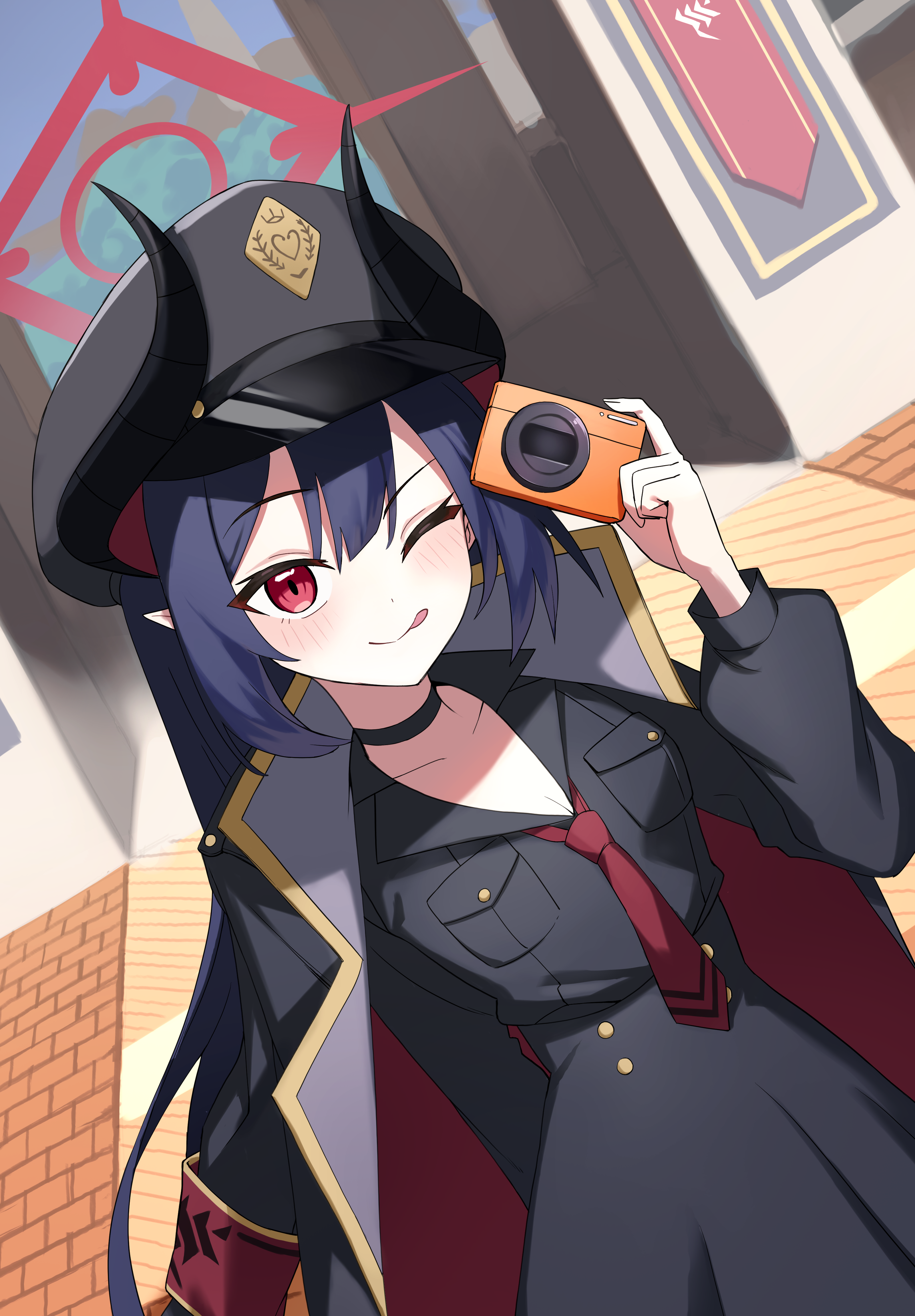 axokim, chiaki (blue archive), blue archive, absurdres, commentary request, highres, korean commentary, 1girl, armband, black choker, blue jacket, blue shirt, camera, choker, demon girl, demon horns, hair between eyes, halo, hat, holding, holding camera, horns, jacket, necktie, one eye closed, open clothes, open shirt, peaked cap, purple hair, red armband, red eyes, red halo, red necktie, shirt, solo